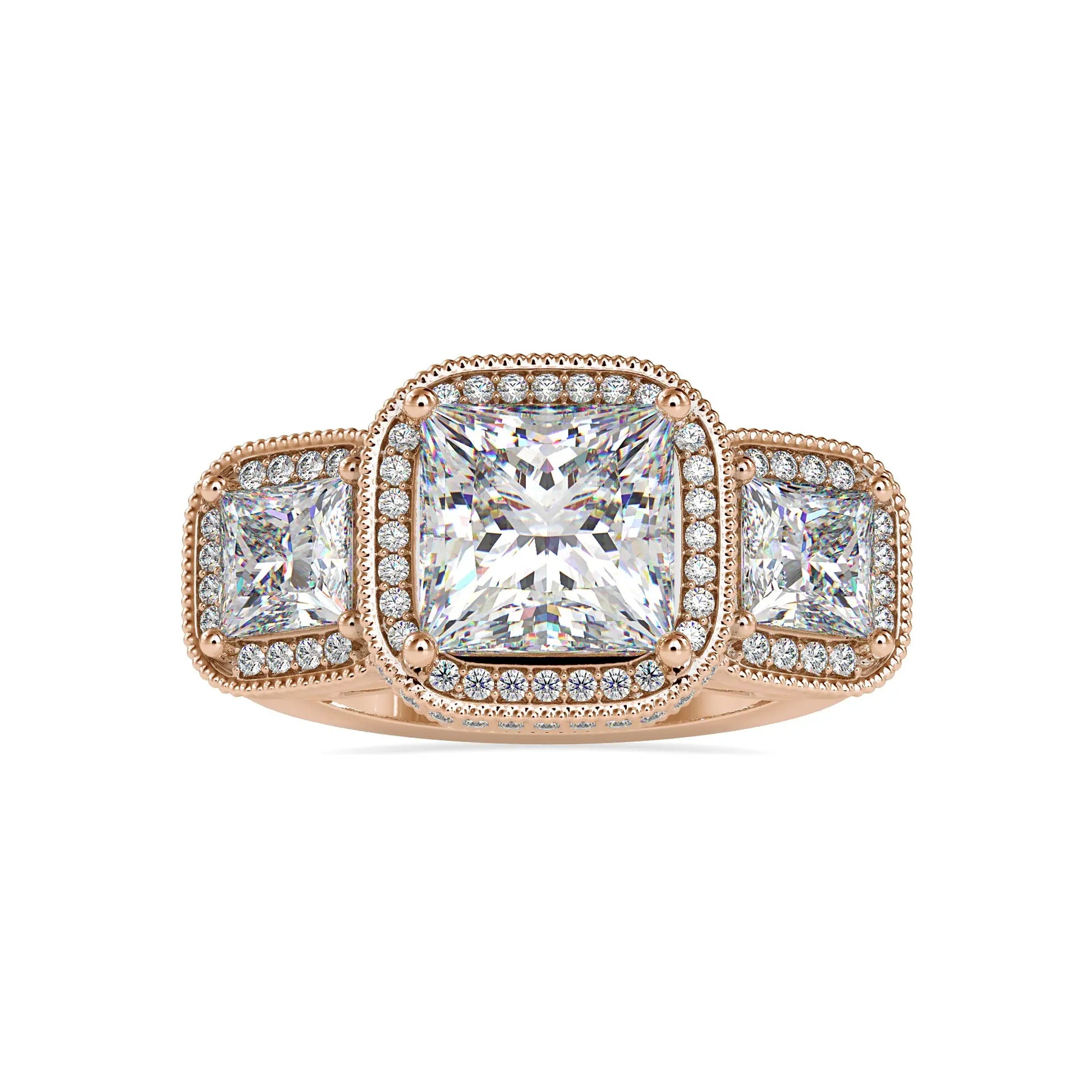 5.23CTW Princess Three Stone Ring Halo Diamond Ring  customdiamjewel 10KT Rose Gold VVS-EF