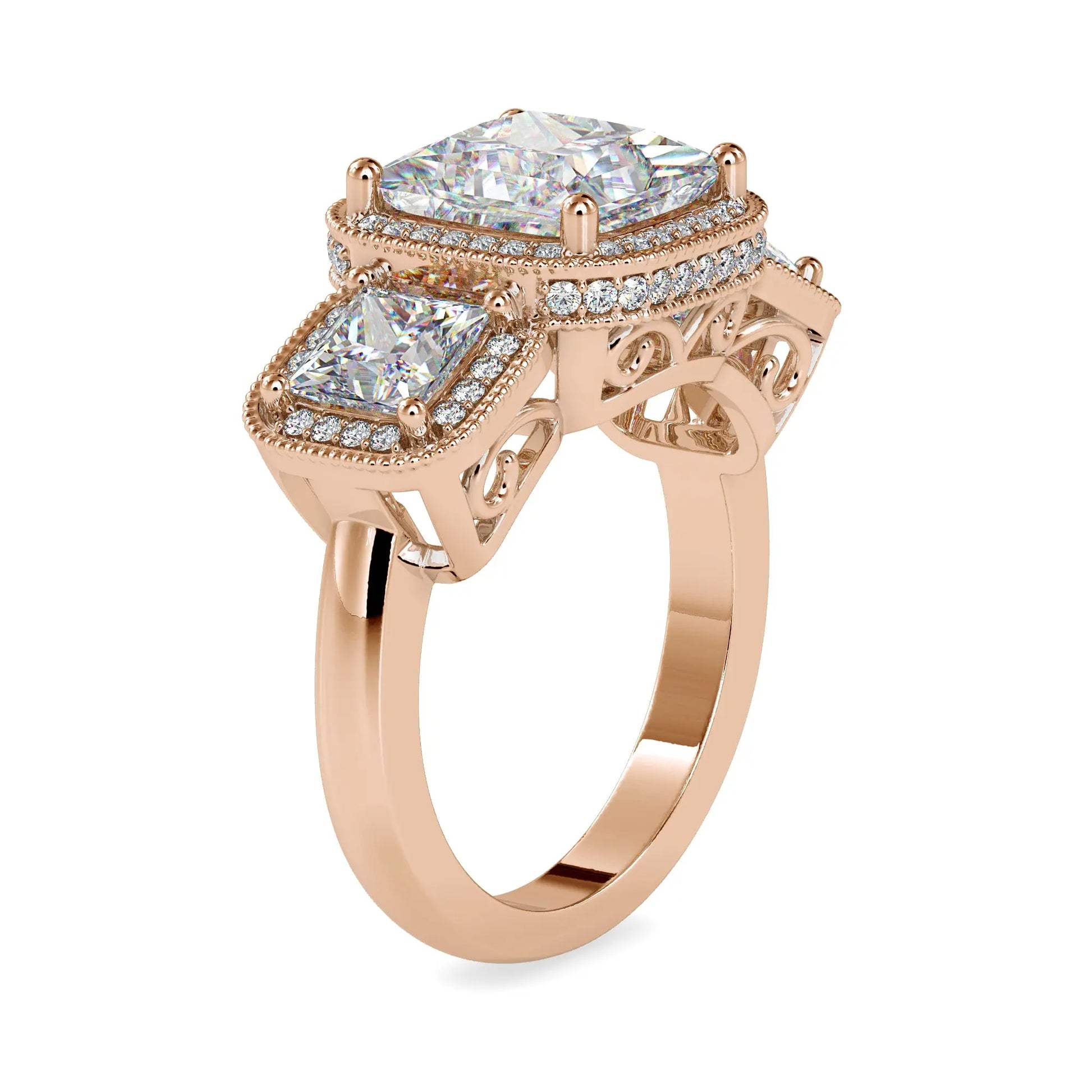 5.23CTW Princess Three Stone Ring Halo Diamond Ring  customdiamjewel   