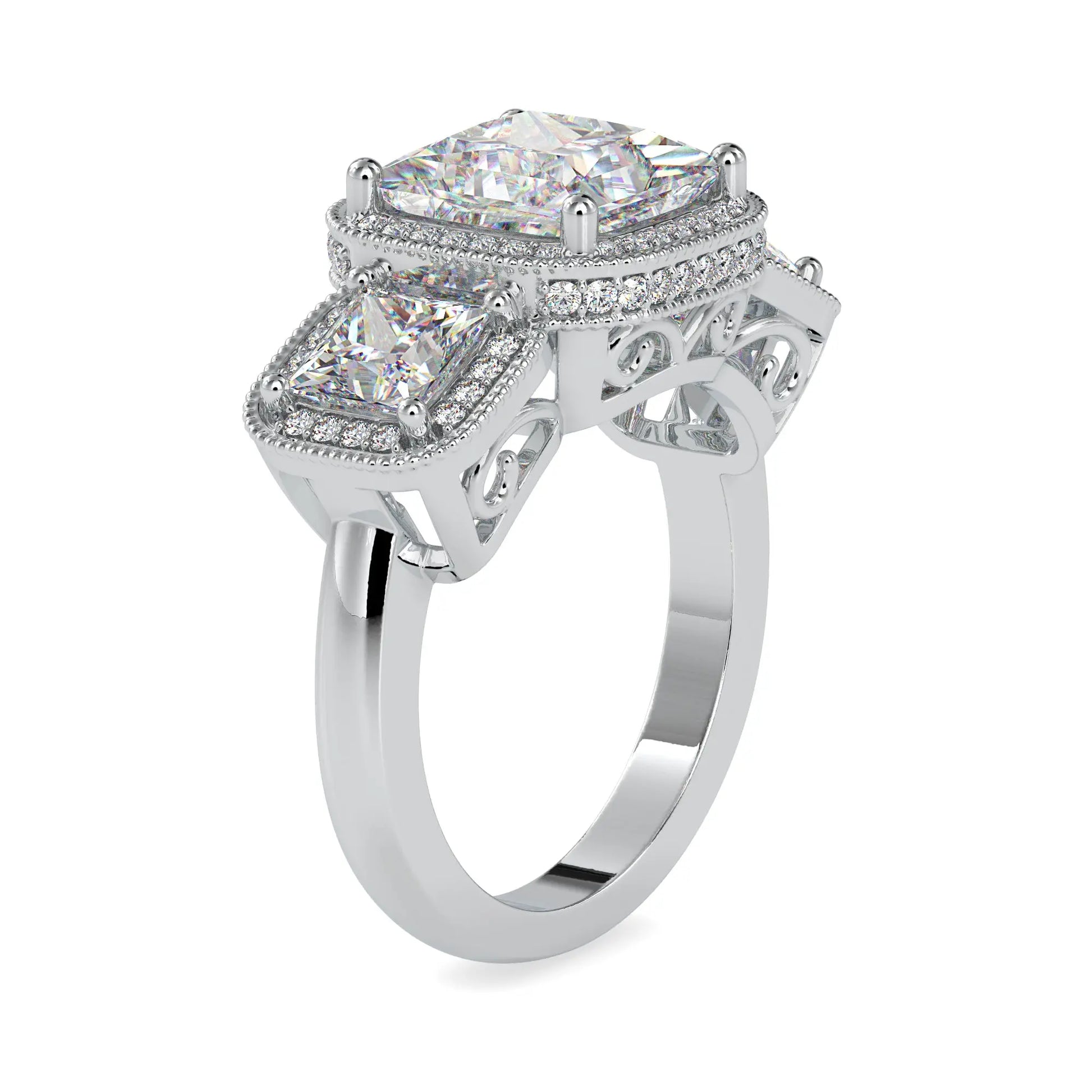 5.23CTW Princess Three Stone Ring Halo Diamond Ring  customdiamjewel   