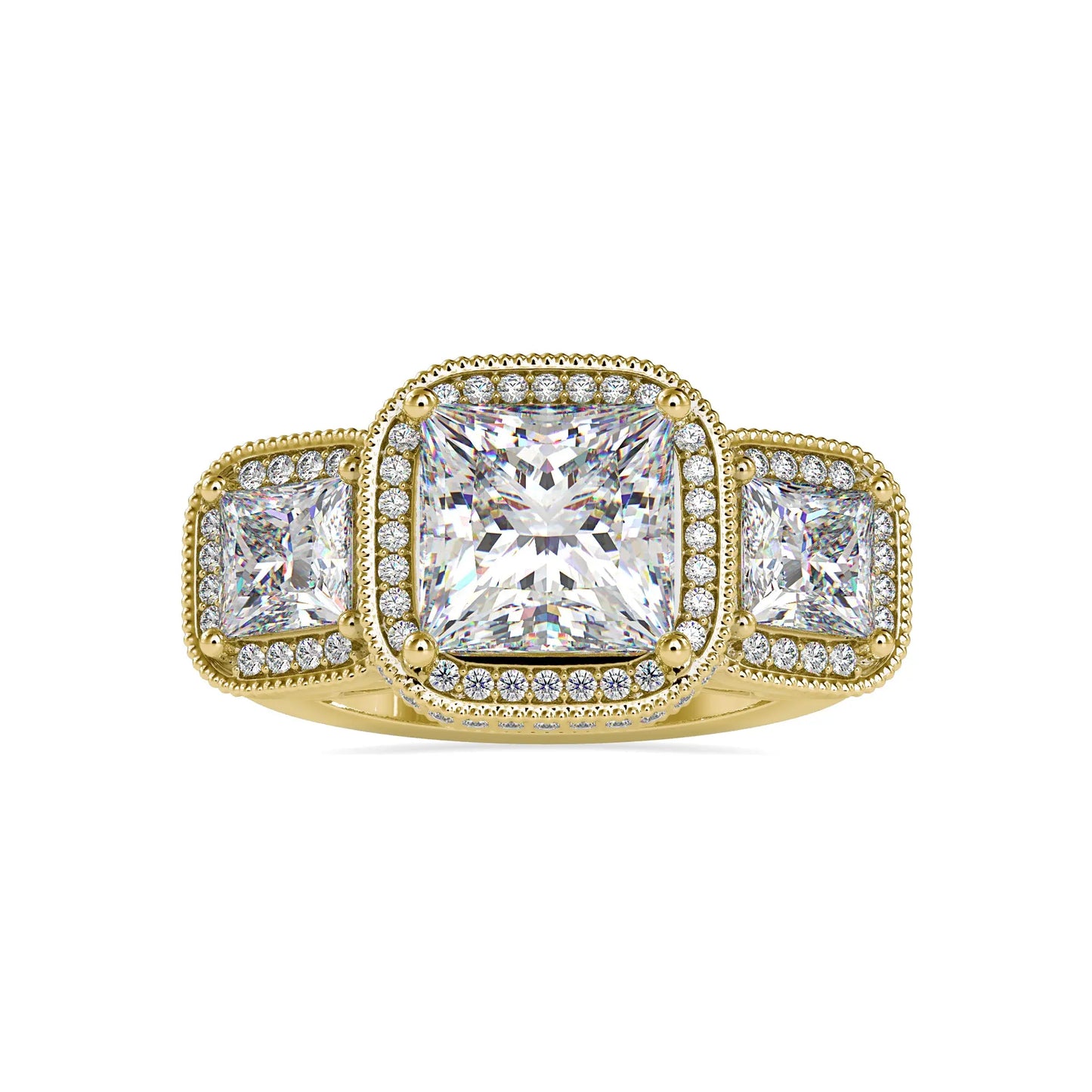 5.23CTW Princess Three Stone Ring Halo Diamond Ring  customdiamjewel 10KT Yellow Gold VVS-EF