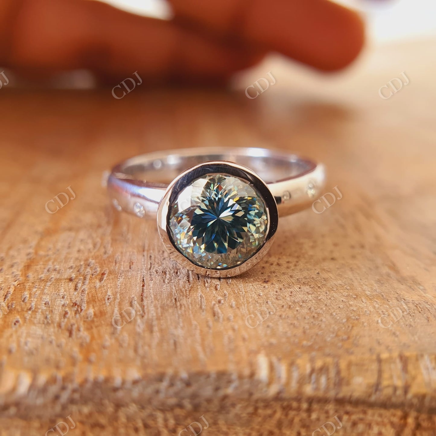 Blue or Green 2 CT Portuguese Cut Moissanite Bezel Set Engagement Ring  customdiamjewel   