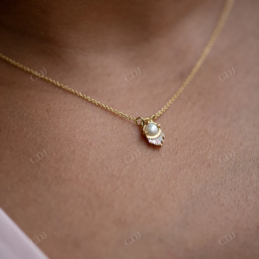 4mm Pearl and 0.1ctw Moissanite Diamond Necklace  customdiamjewel 10KT Yellow Gold VVS-EF