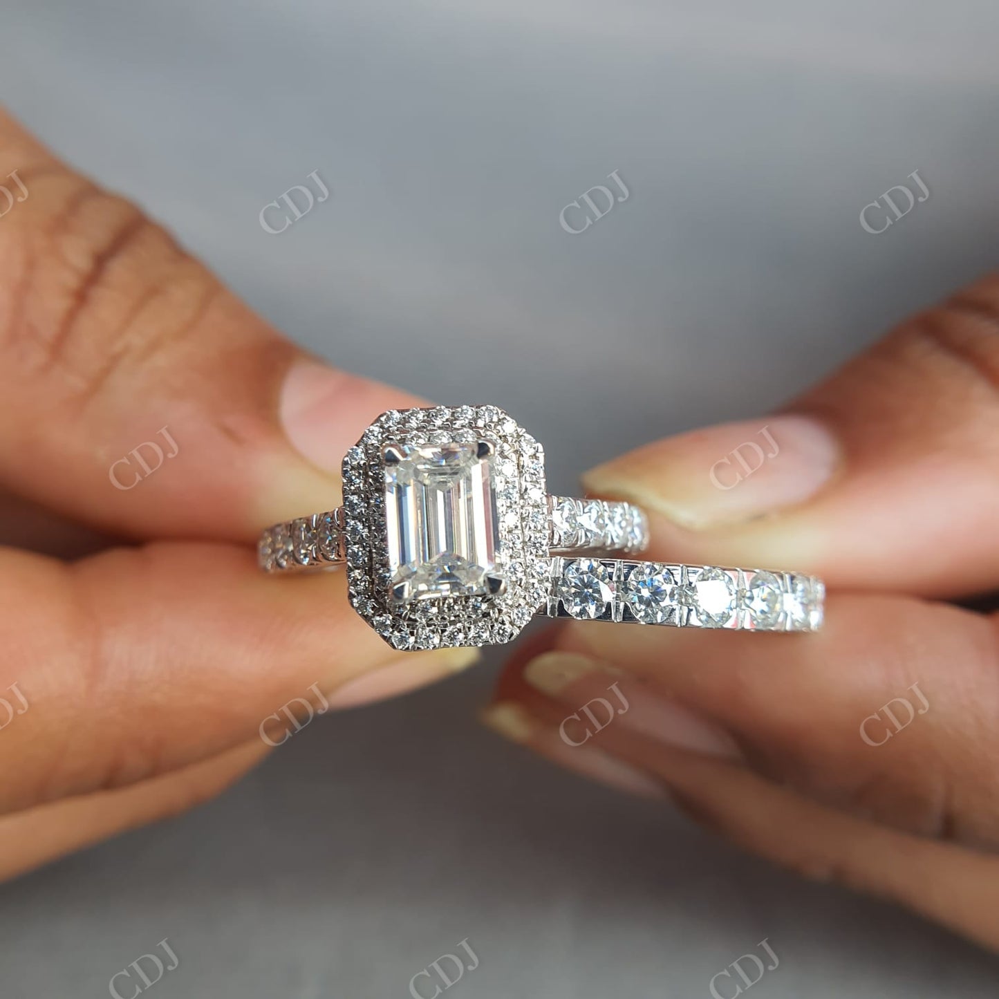 Emerald Cut with Side Round Cut Moissanite and Half Eternity Engagement Ring  customdiamjewel   