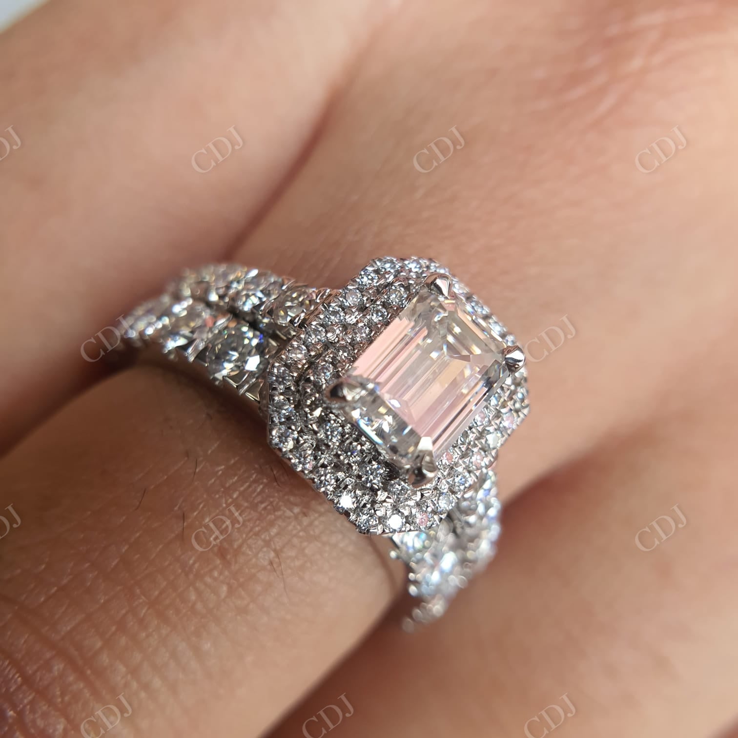 Emerald Cut with Side Round Cut Moissanite and Half Eternity Engagement Ring  customdiamjewel   