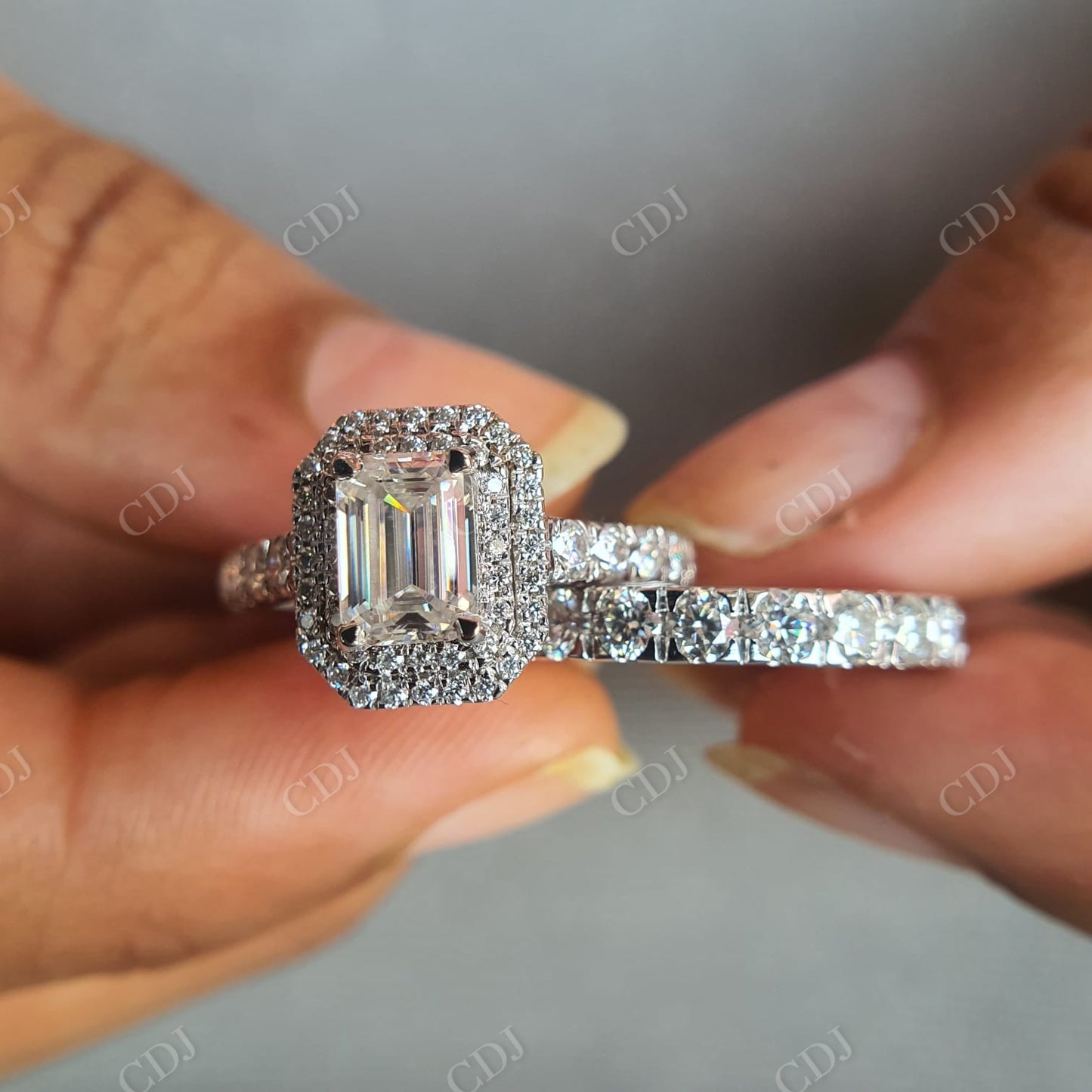 Emerald Cut with Side Round Cut Moissanite and Half Eternity Engagement Ring  customdiamjewel   