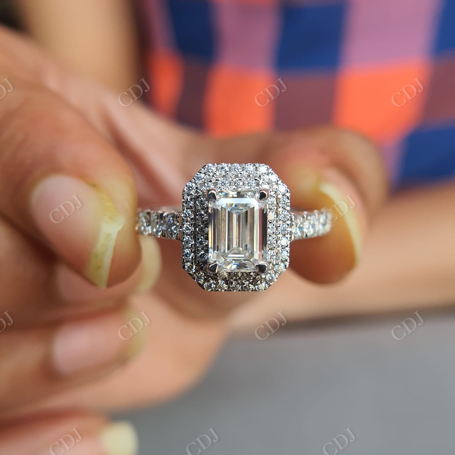 Emerald Cut with Side Round Cut Moissanite and Half Eternity Engagement Ring  customdiamjewel   