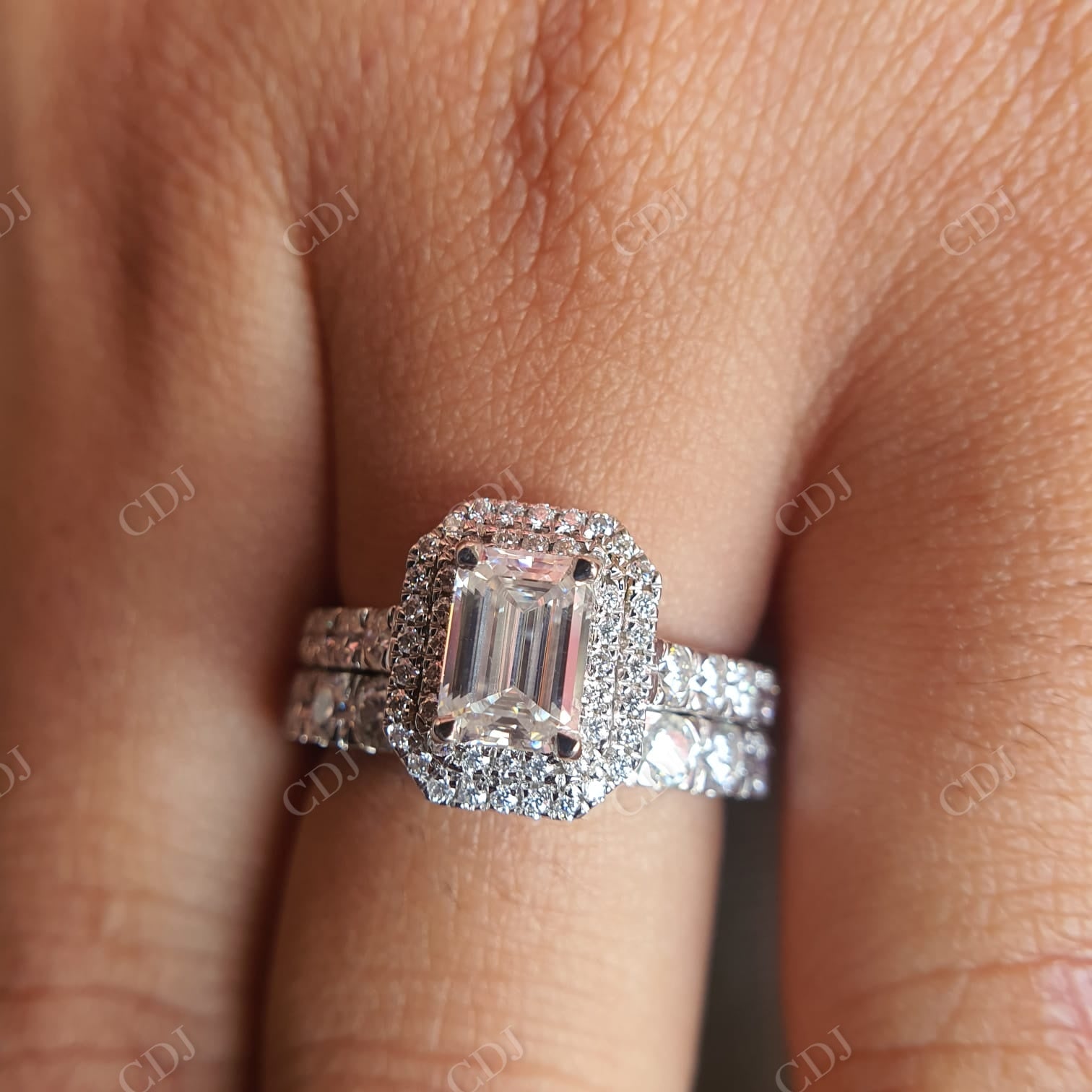 Emerald Cut with Side Round Cut Moissanite and Half Eternity Engagement Ring  customdiamjewel   