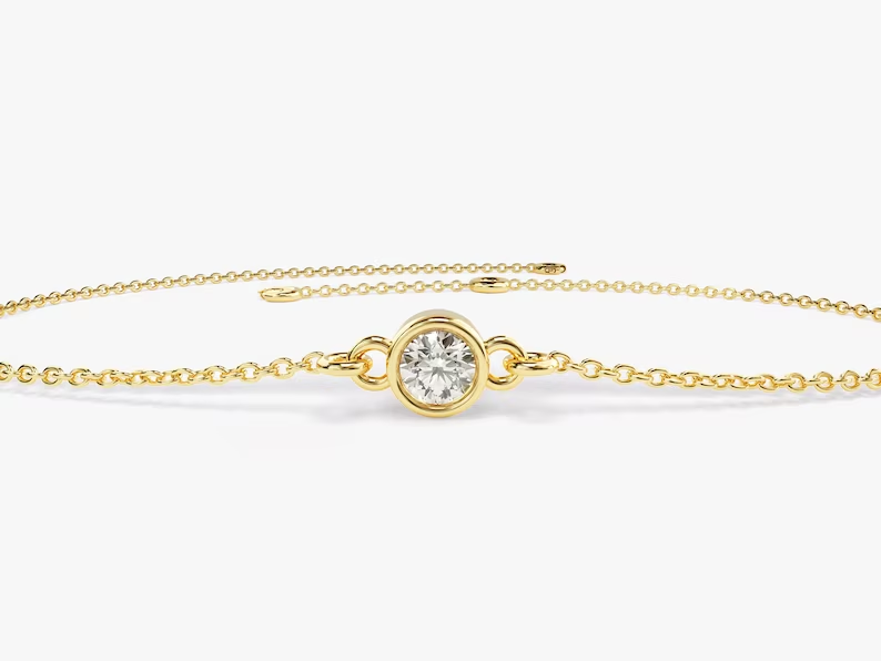 Natural Solitaire Moissanite Charm Bracelet  customdiamjewel Sterling Silver Yellow Gold VVS-EF