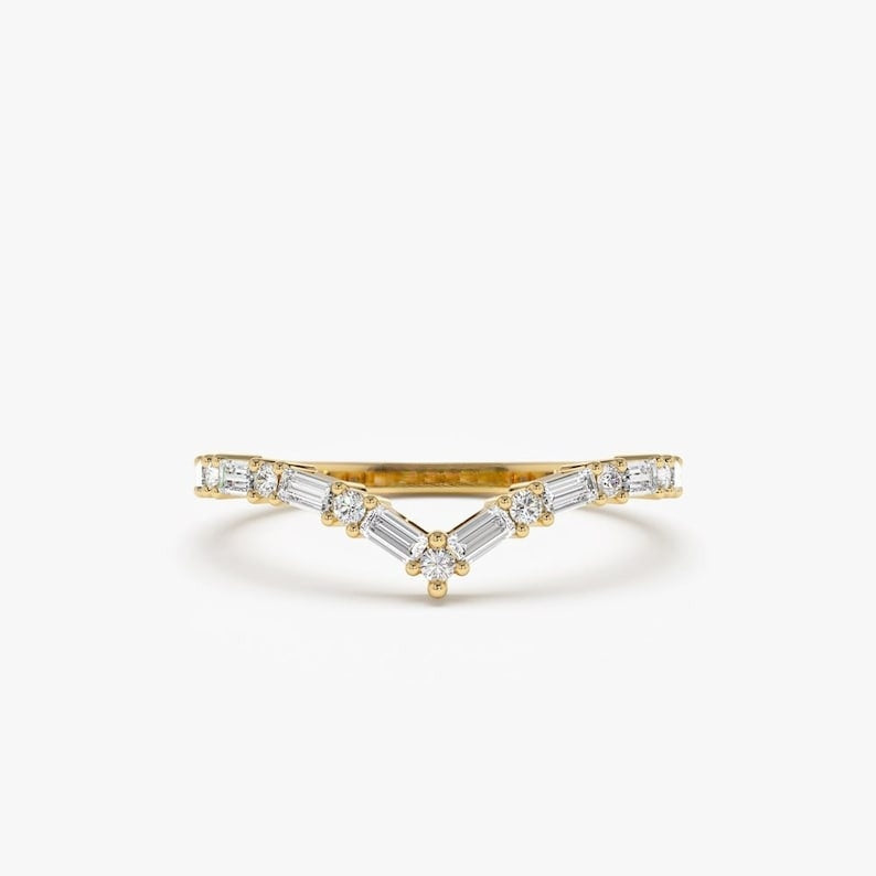 0.36CTW Baguette And Round Cut Natural Diamond Chevron Wedding Band  customdiamjewel 10 KT Solid Gold Yellow Gold VVS-EF