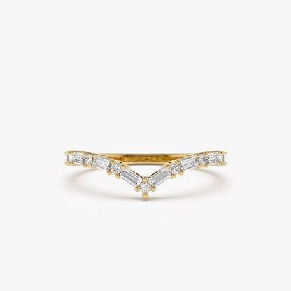 0.36CTW Baguette And Round Cut Natural Diamond Chevron Wedding Band  customdiamjewel 10 KT Solid Gold Yellow Gold VVS-EF