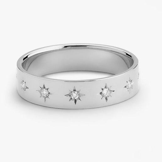 0.11CTW Round Cut Natural Diamond Thick Star Wedding Band  customdiamjewel 10 KT Solid Gold White Gold VVS-EF