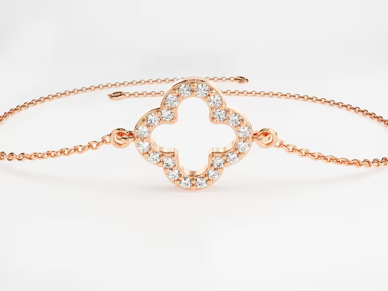 Solid Gold Dainty Moissanite Clover Bracelet for Her  customdiamjewel Sterling Silver Rose Gold VVS-EF