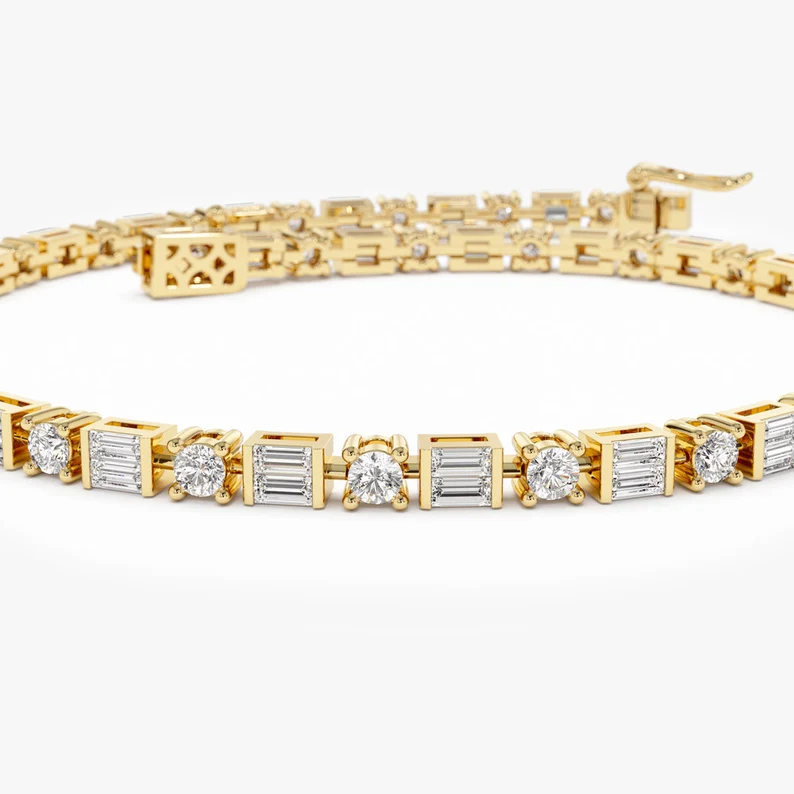 14k Gold Baguette & Round Natural Diamond Tennis Bracelet  customdiamjewel   