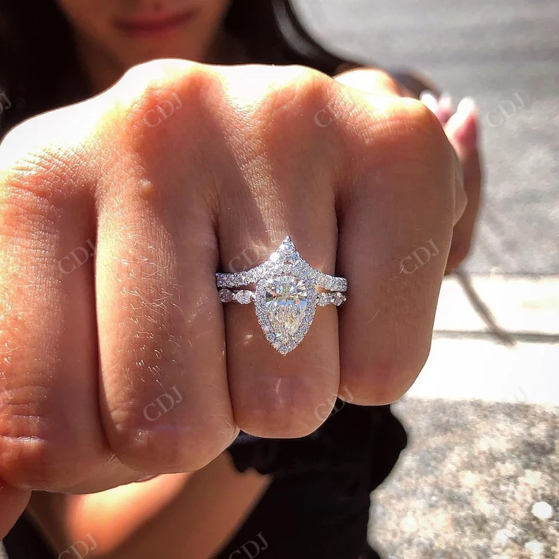 Unique Pear Cut Moissanite Engagement Ring, V shape Wedding Band  customdiamjewel   