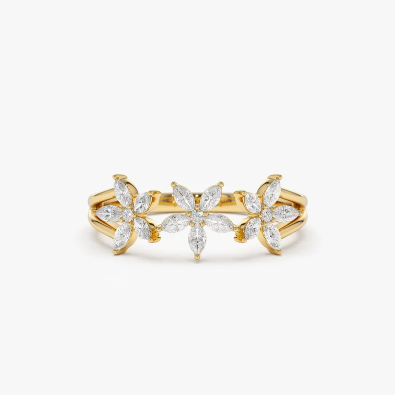 14k Gold Marquise Diamond Multi-Flower Wedding Ring  customdiamjewel 10 KT Solid Gold Yellow Gold VVS-EF