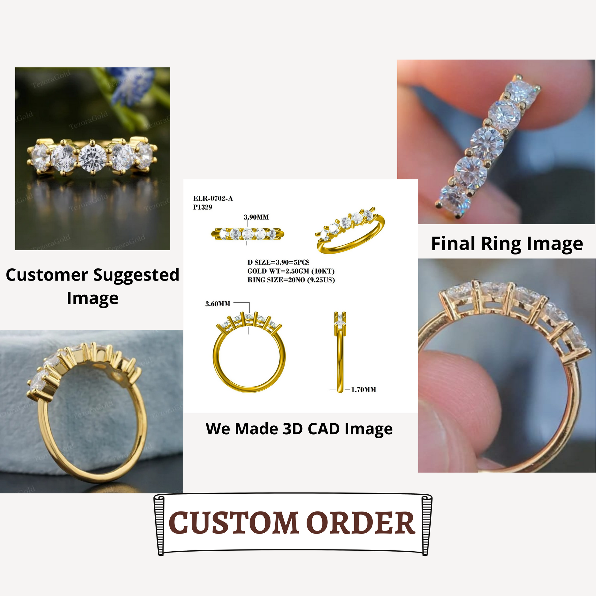 Round Five Stone Moissanite Solid Gold Wedding Band  customdiamjewel   