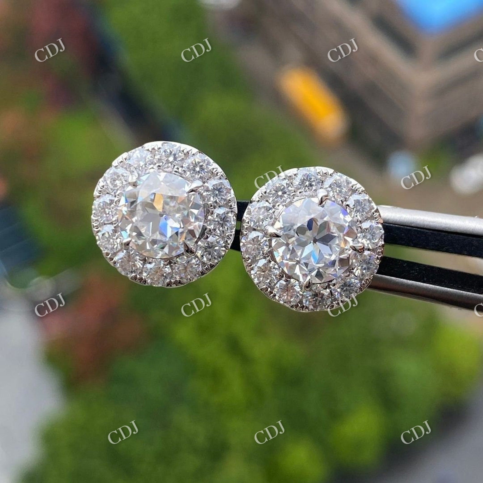 Old European Cut Moissanite Round Halo Stud Earrings  customdiamjewel   