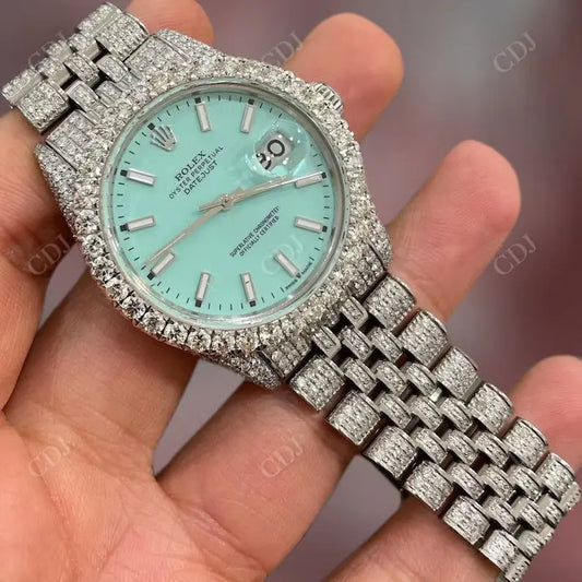 Men's Stainless Steel Cyan Dial Rolex Diamond Watch  customdiamjewel   