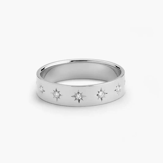 0.11CTW Round Cut Diamond Star Setting Wedding Band  customdiamjewel 10KT White Gold VVS-EF