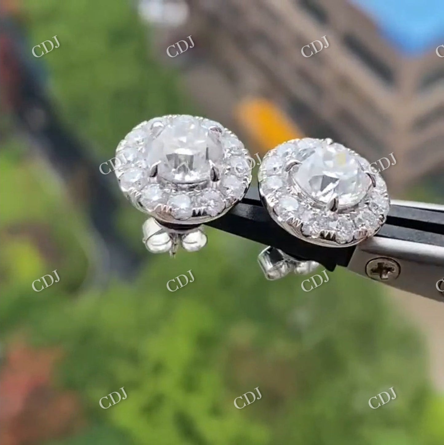 Old European Cut Moissanite Round Halo Stud Earrings  customdiamjewel   