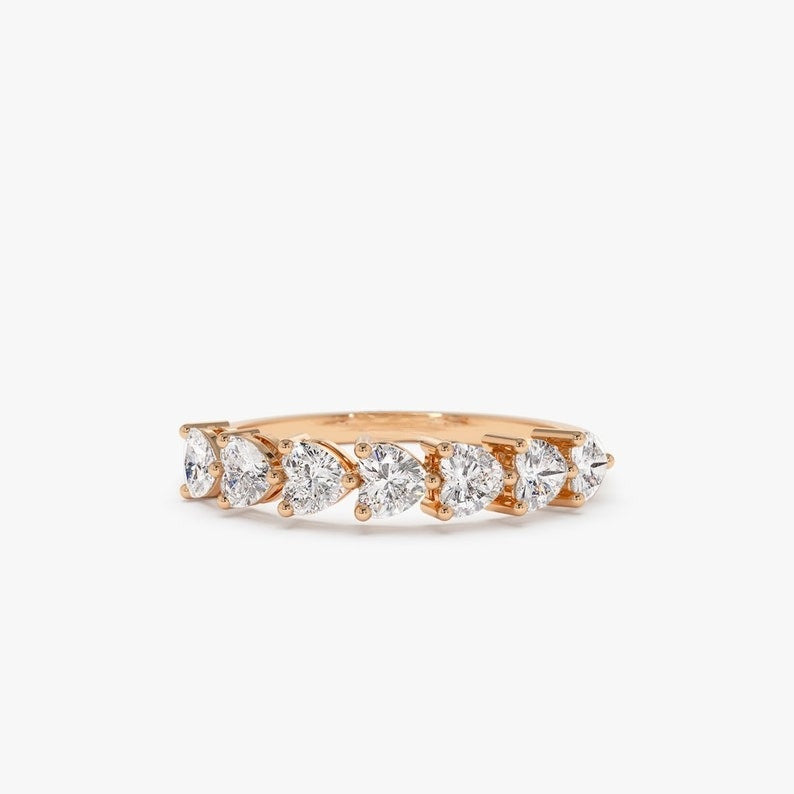 0.90CTW Heart Cut Natural Diamond 14K Solid Gold Half Eternity Band  customdiamjewel 10 KT Solid Gold Rose Gold VVS-EF