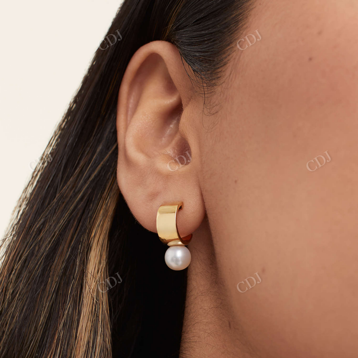 Trendy Bold Pearl Huggies Half Round 14K Gold Stud Earrings  customdiamjewel   