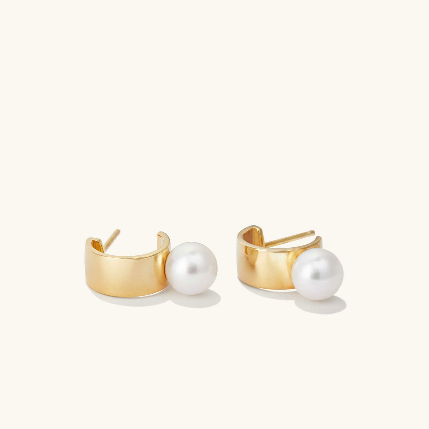 Trendy Bold Pearl Huggies Half Round 14K Gold Stud Earrings  customdiamjewel   