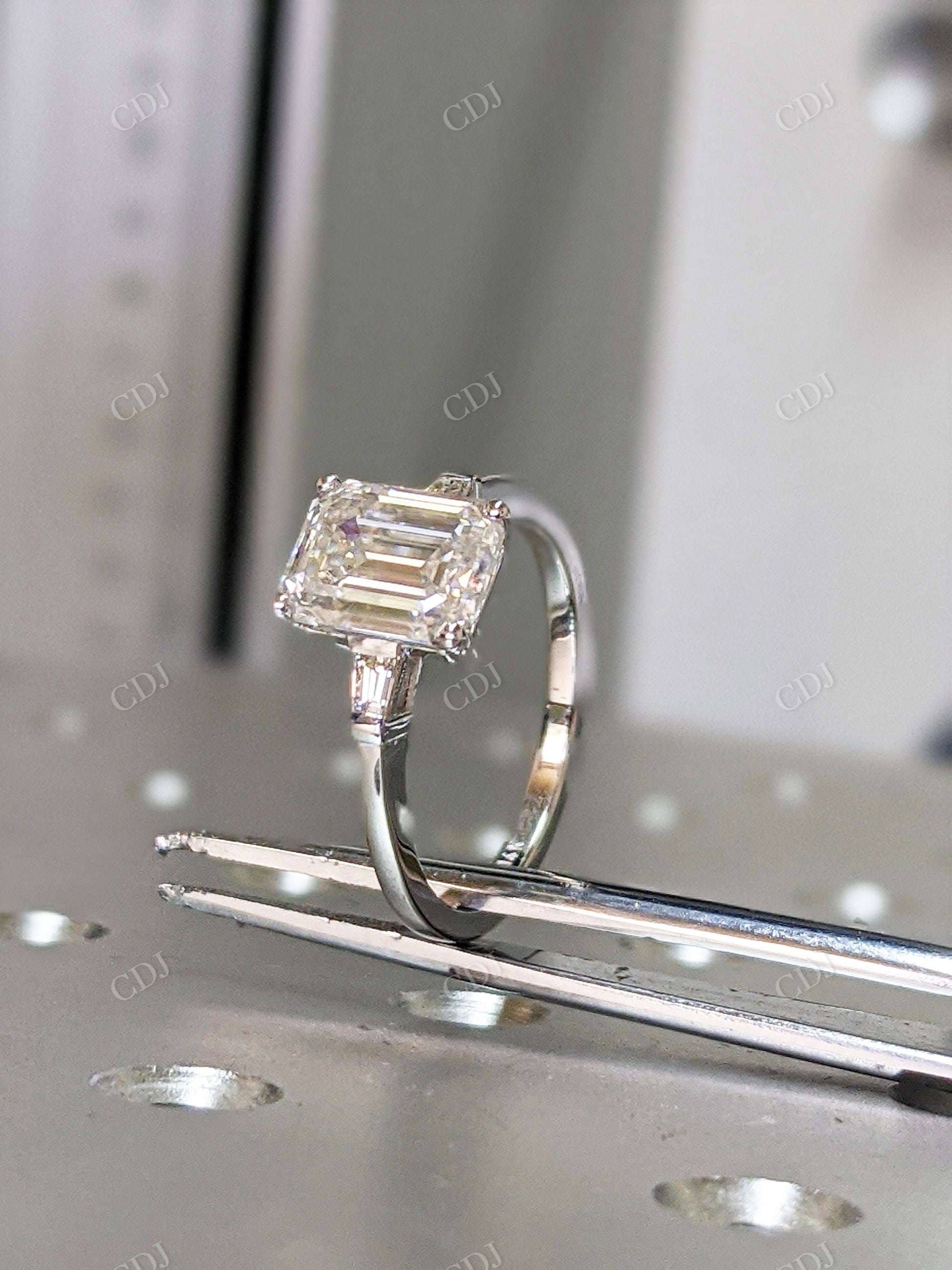 Emerald Cut Moissanite White Gold Three Stone Engagement Ring  customdiamjewel   