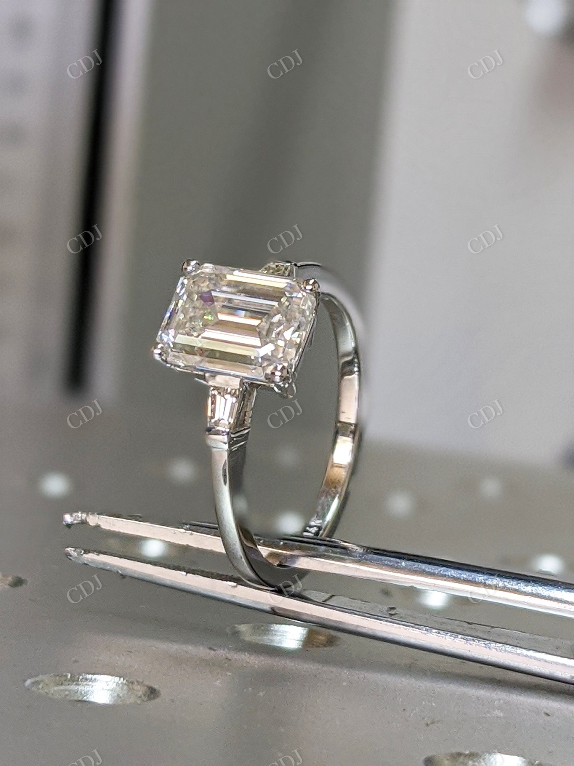 Emerald Cut Moissanite White Gold Three Stone Engagement Ring  customdiamjewel   