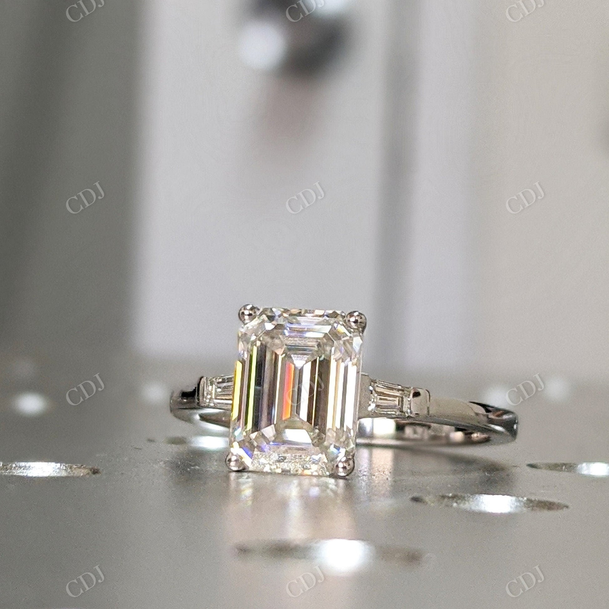 Emerald Cut Moissanite White Gold Three Stone Engagement Ring  customdiamjewel 10KT White Gold VVS-EF