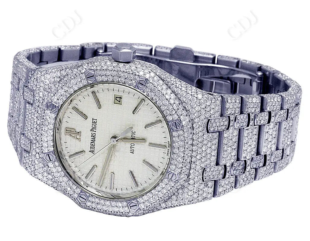 39MM Steel Silver Tone Dial Round Diamond Wrist Watch (25.75 CTW)  customdiamjewel   