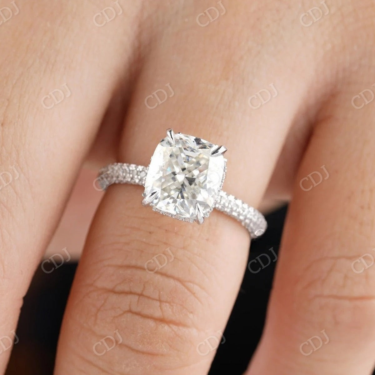 Elongated Cushion Cut Moissanite Hidden Halo With Euro Shank Engagement Ring  customdiamjewel   