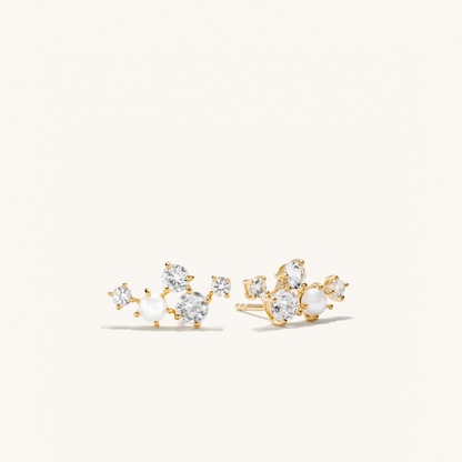 Mini Pearl Topaz Climber Moissanite Wedding Stud Earrings  customdiamjewel Sterling Silver Yellow Gold VVS-EF