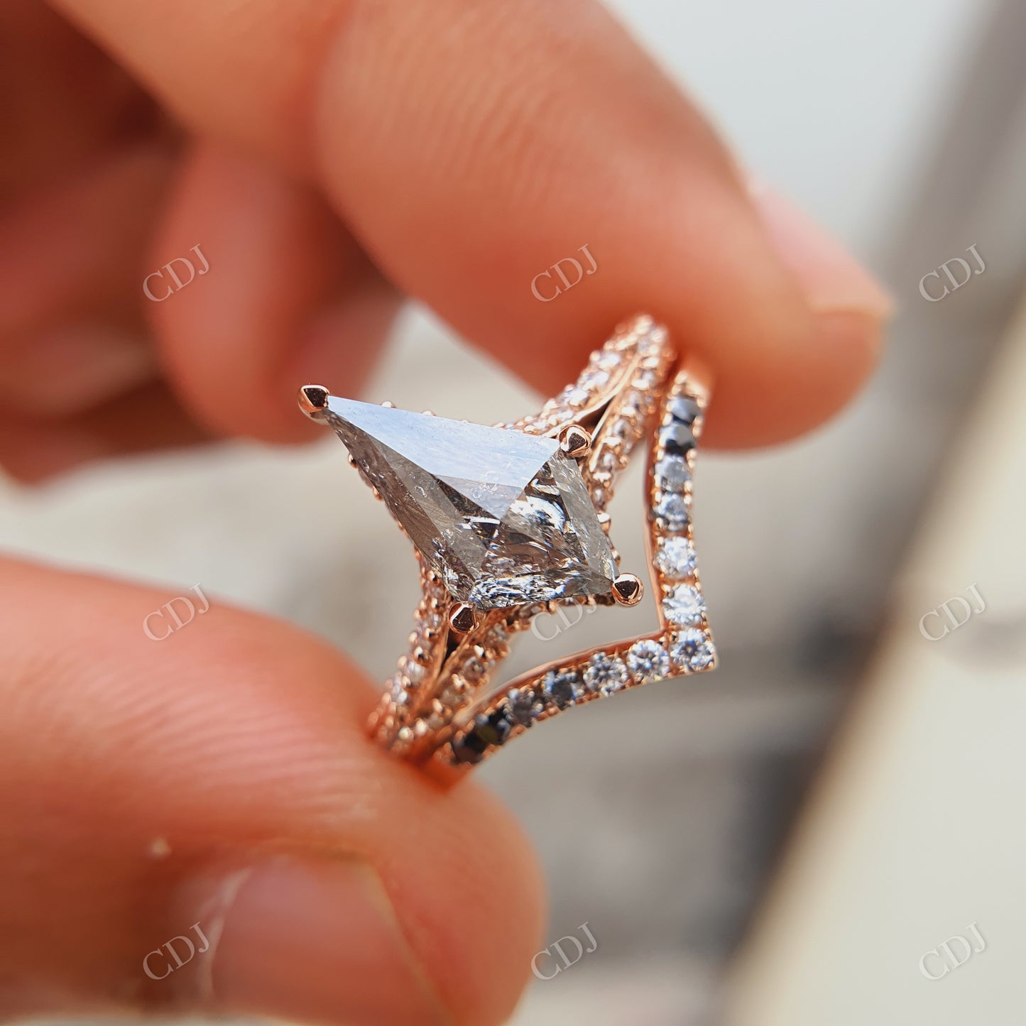 Salt And Pepper Kite Cut Moissanite Bridal Ring Set  customdiamjewel 10KT Rose Gold VVS-EF