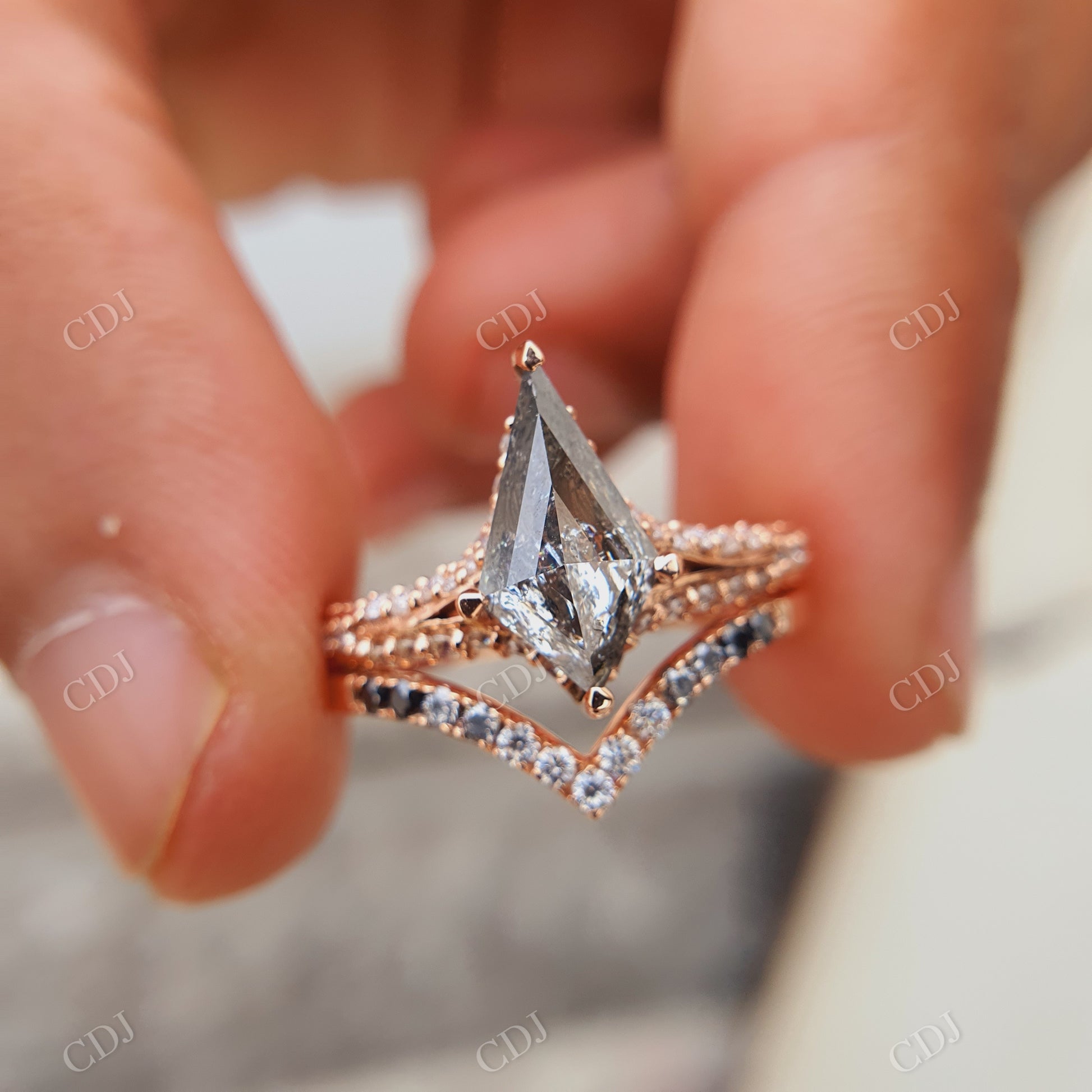 Salt And Pepper Kite Cut Moissanite Bridal Ring Set  customdiamjewel   