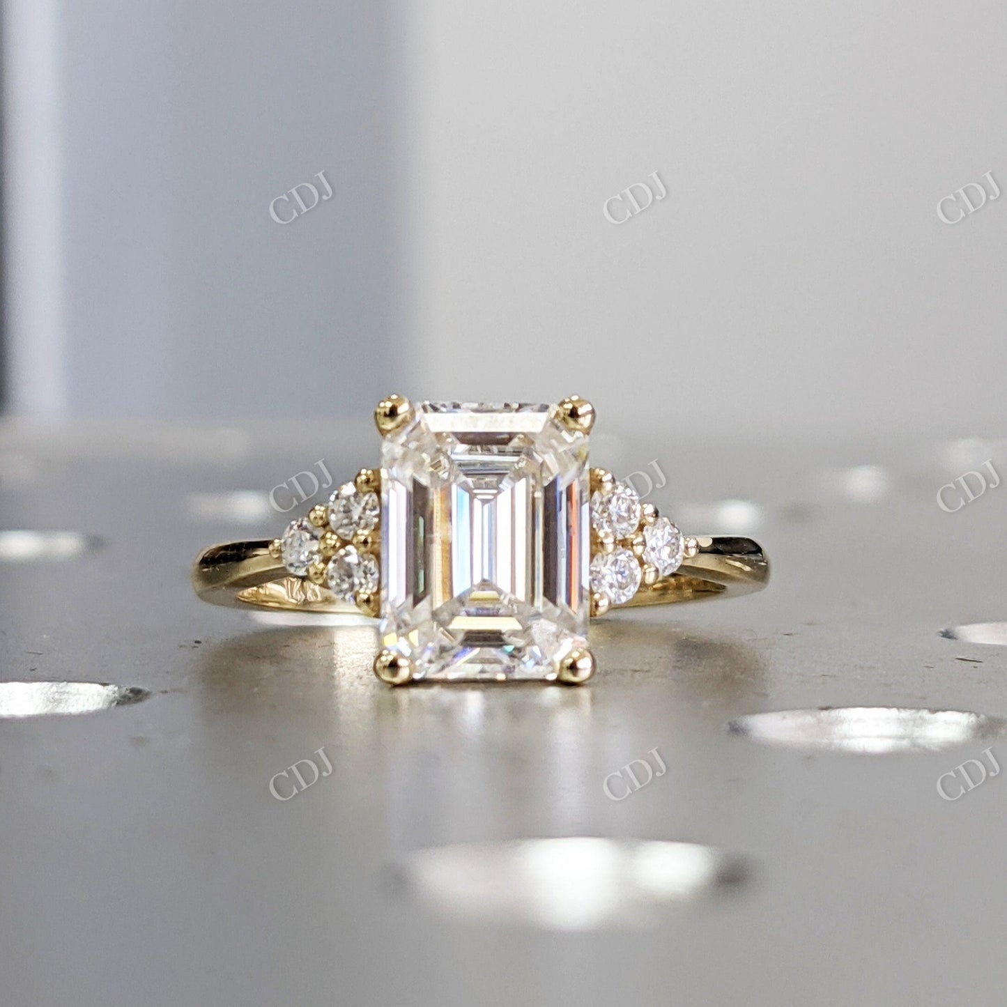 1.65CTW Emerald Cut Cluster Moissanite Engagement Ring  customdiamjewel 10KT Yellow Gold VVS-EF