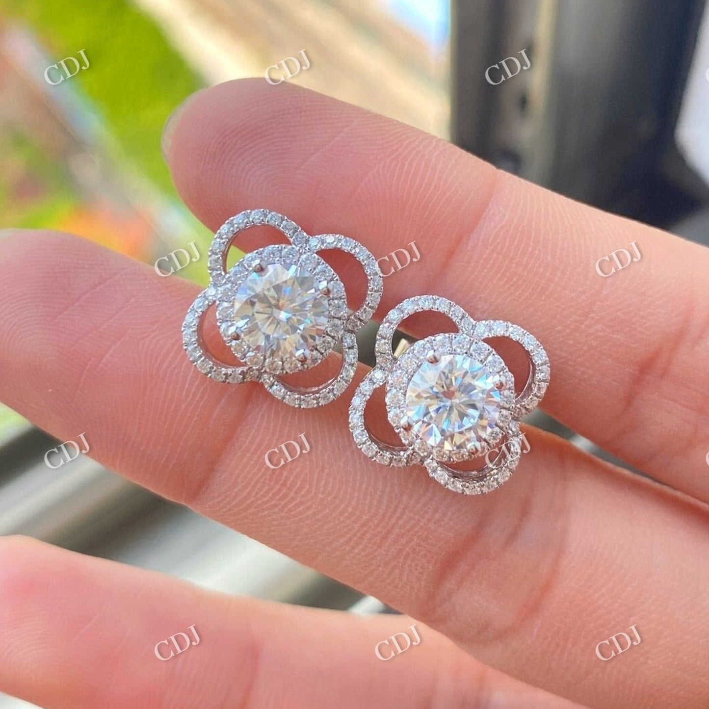 Flower Shaped Round Cut Moissanite Solid Gold Stud Earrings  customdiamjewel Sterling Silver White Gold VVS-EF