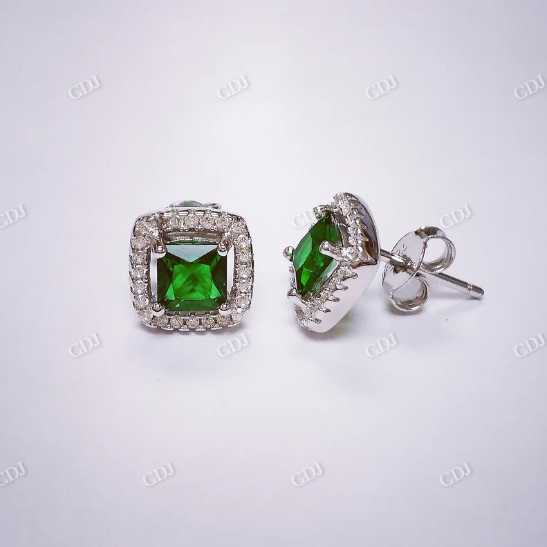 Green Emerald Princess cut Stud Earrings  customdiamjewel Sterling Silver White Gold VVS-EF