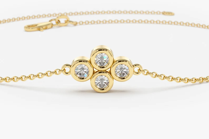 14K Solid Gold Four Stone Bezel Set Diamond Cluster Bracelet  customdiamjewel   