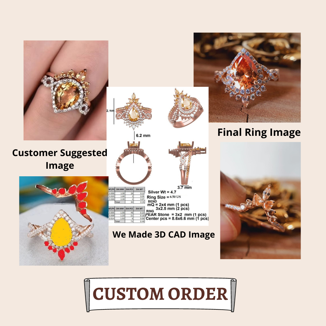 Sterling Silver Citrine Pear Shape CZ Stone Rose Gold Plated, Round Side CZ Stone Ring  customdiamjewel   