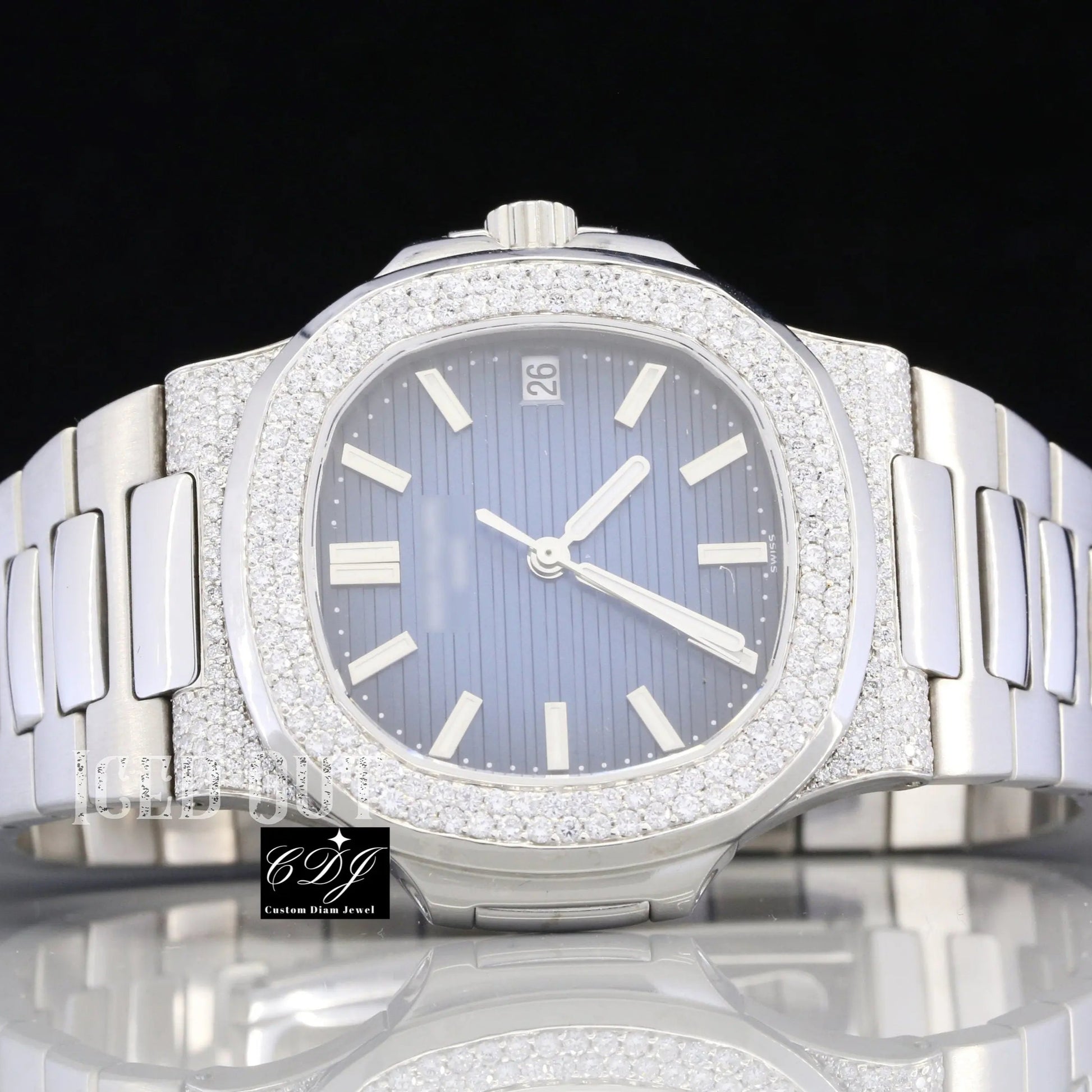 Blue Round Diamond Dial Ice Out Luxury Watch (5 CT Approx)  customdiamjewel   