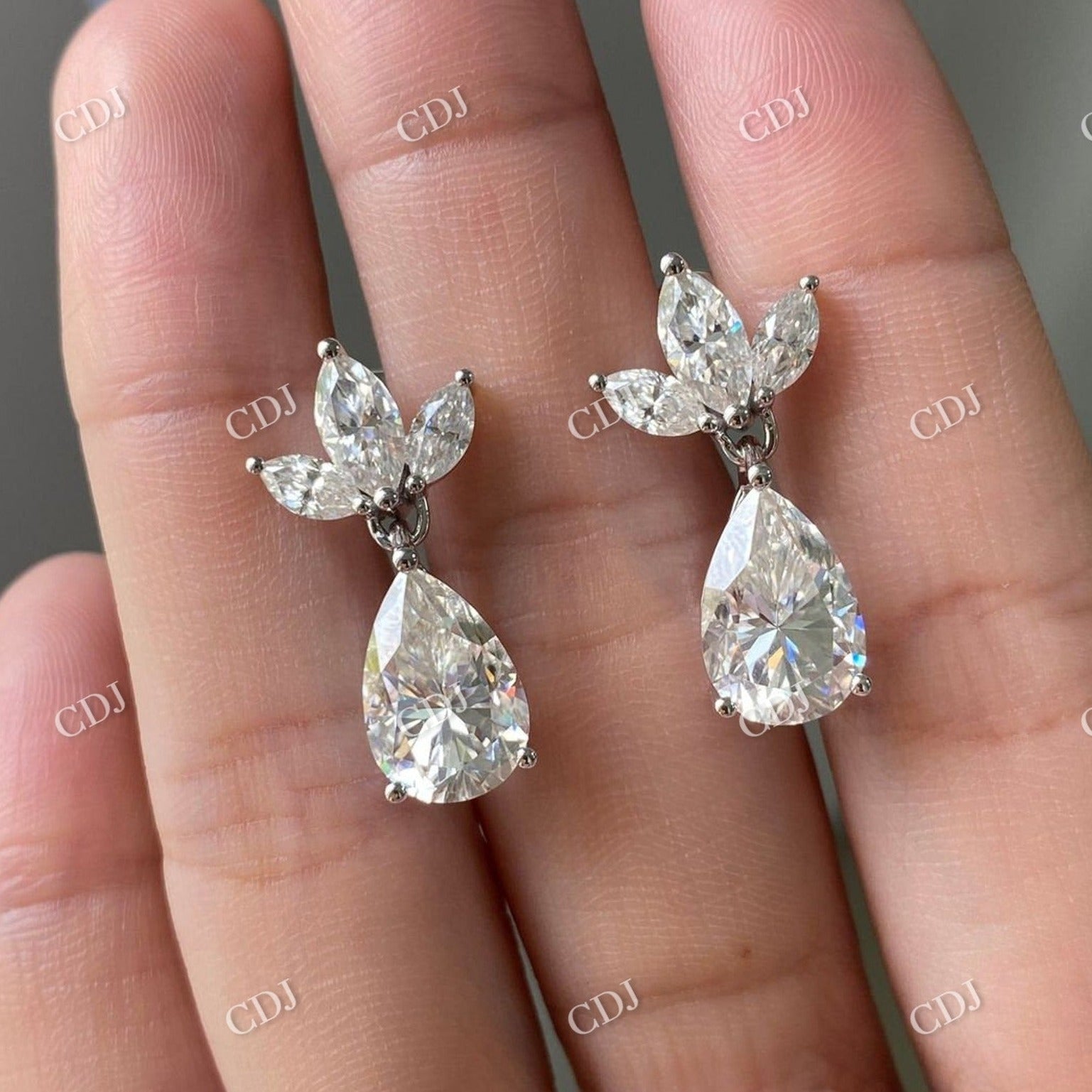 Pear and Marquise Cut Moissanite Dangle Drop Stud Earrings  customdiamjewel Sterling Silver White Gold VVS-EF