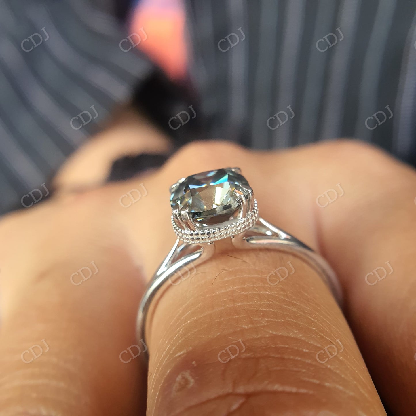 Old Mine Cushion Cut Dark Grey Moissanite Engagement Ring  customdiamjewel   