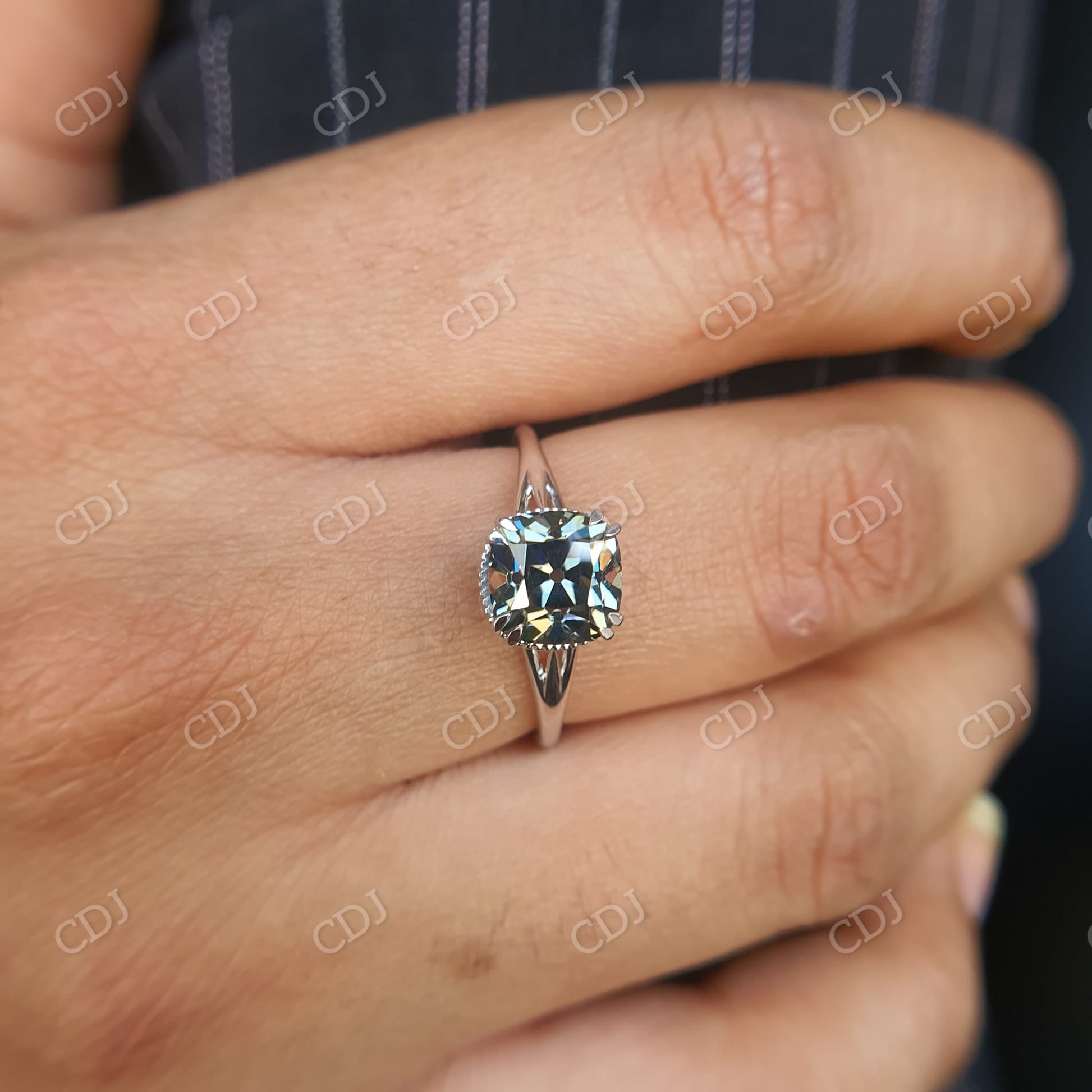 Old Mine Cushion Cut Dark Grey Moissanite Engagement Ring  customdiamjewel   