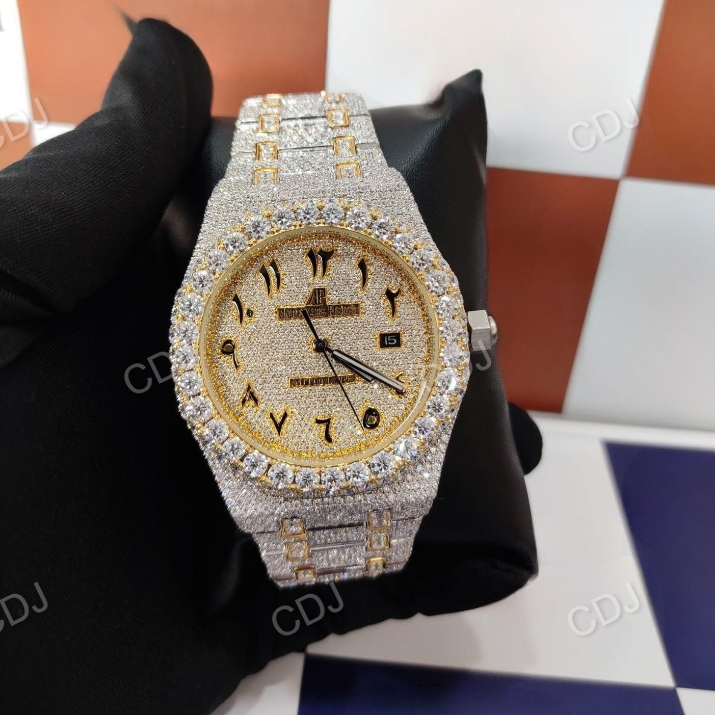 Yellow Tone AP Moissanite Studded Arabic Watch customdiamjewel