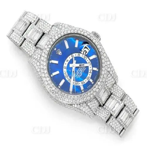 Trendy Stainless Steel Hip Hop Blue Dial Rolex Watch (29.69CTW) customdiamjewel