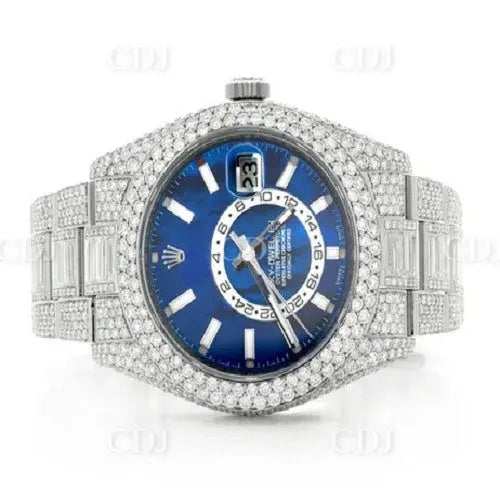 Trendy Stainless Steel Hip Hop Blue Dial Rolex Watch (29.69CTW) customdiamjewel