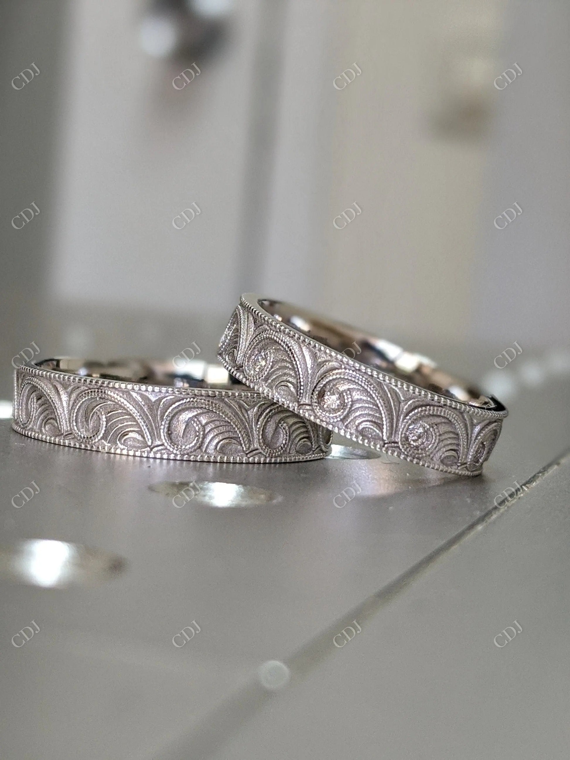 Vintage Style Milgrain Engraved Lab Grown Wedding Band  customdiamjewel   