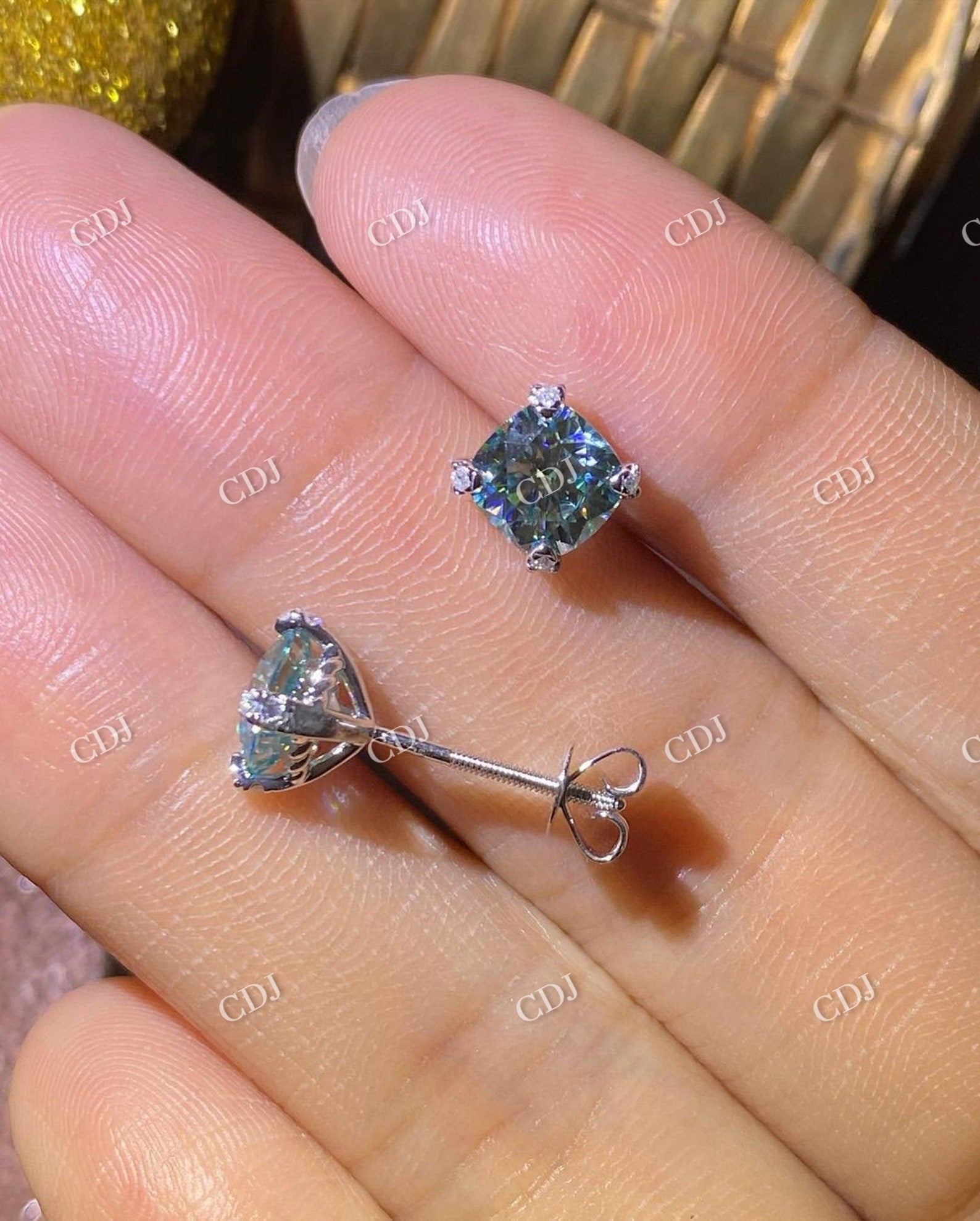 Cushion Cut Green Moissanite Stud Wedding Earrings  customdiamjewel   