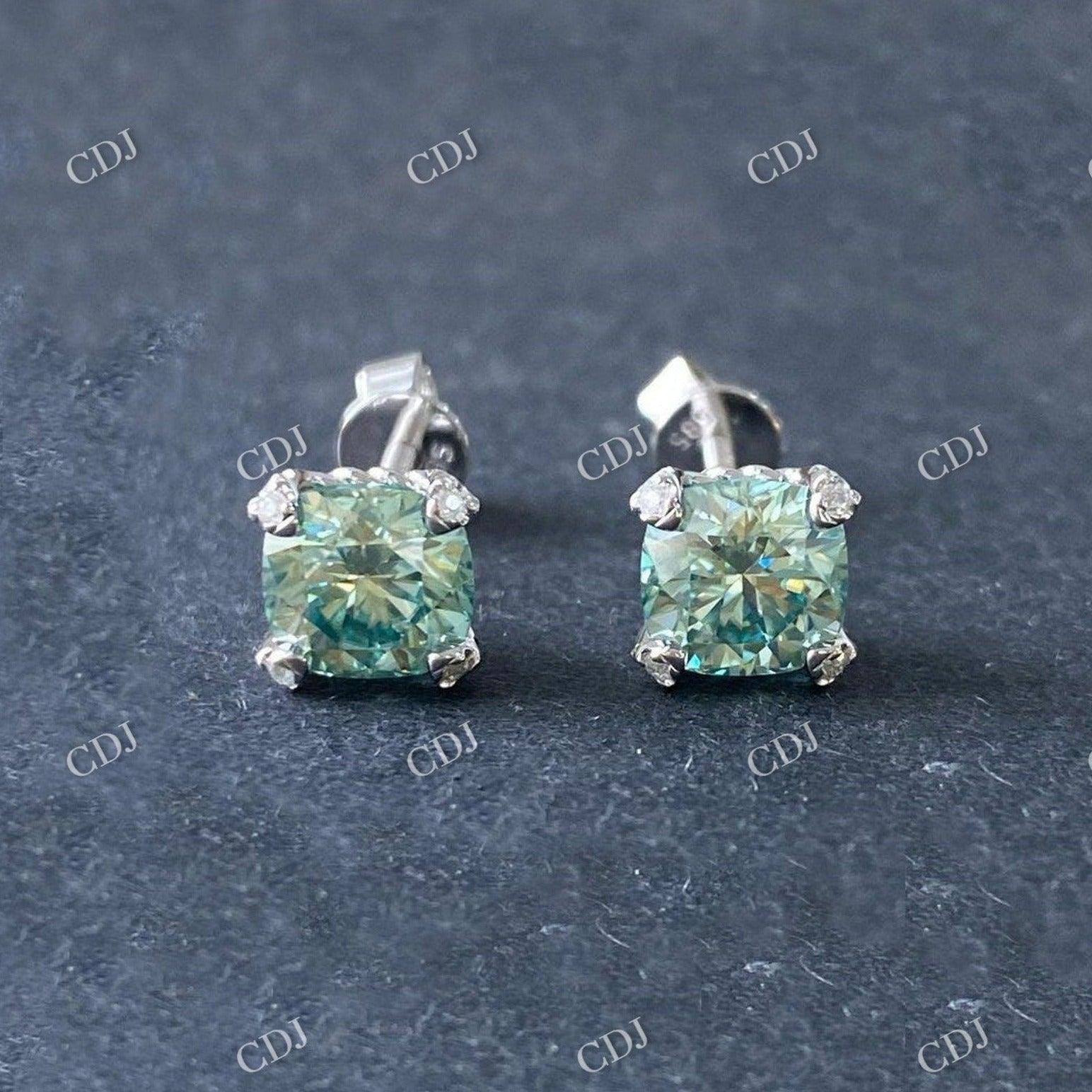 Cushion Cut Green Moissanite Stud Wedding Earrings  customdiamjewel Sterling Silver White Gold VVS-EF